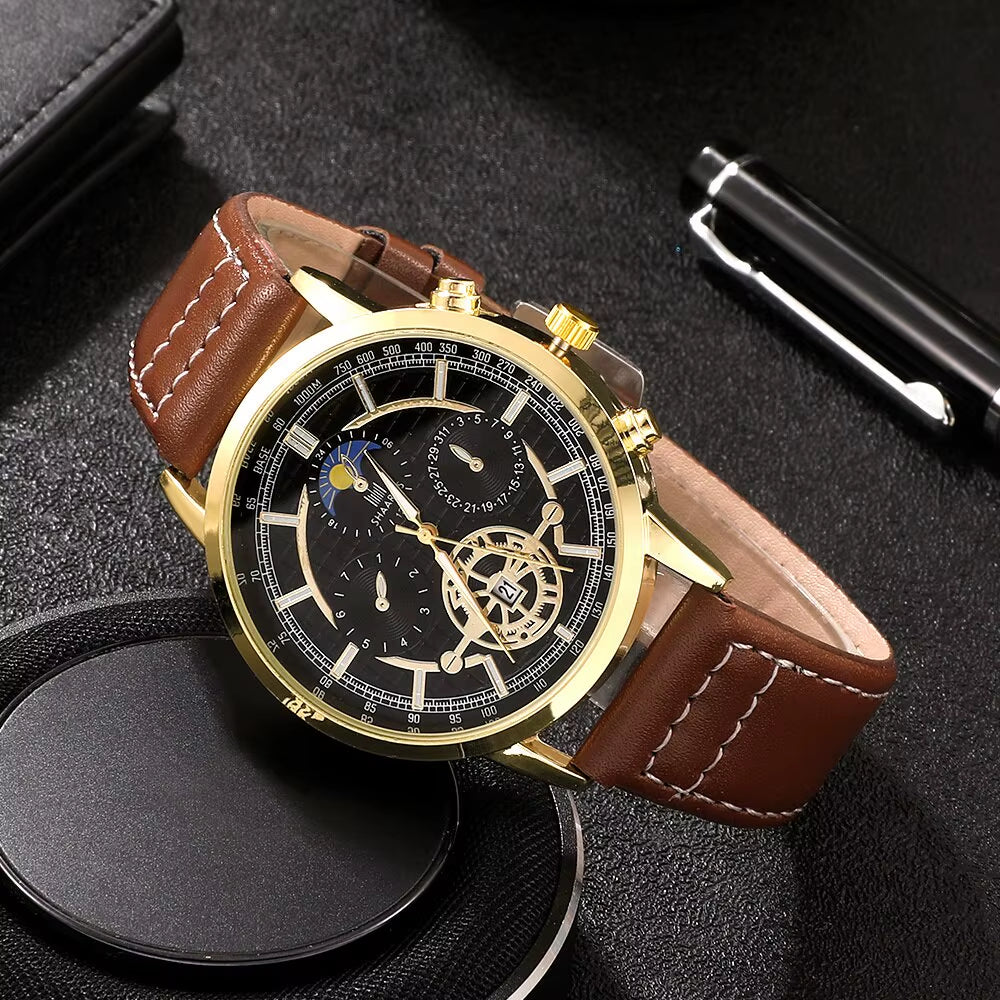 4PCS Set Men Watch Luxury Bracelet Set Fashion Business Brown Leather Quartz Wrist Watches for Men Gift Set Relogio Masculino