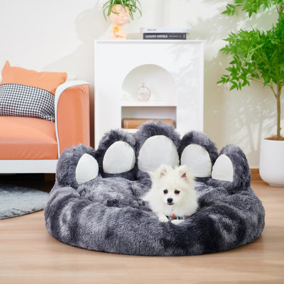 Cute Dog Bed, Fluffy Cozy Bear Paw Shape Plush Round Cat