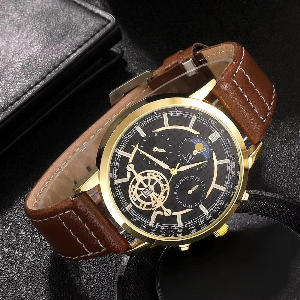 4PCS Set Men Watch Luxury Bracelet Set Fashion Business Brown Leather Quartz Wrist Watches for Men Gift Set Relogio Masculino