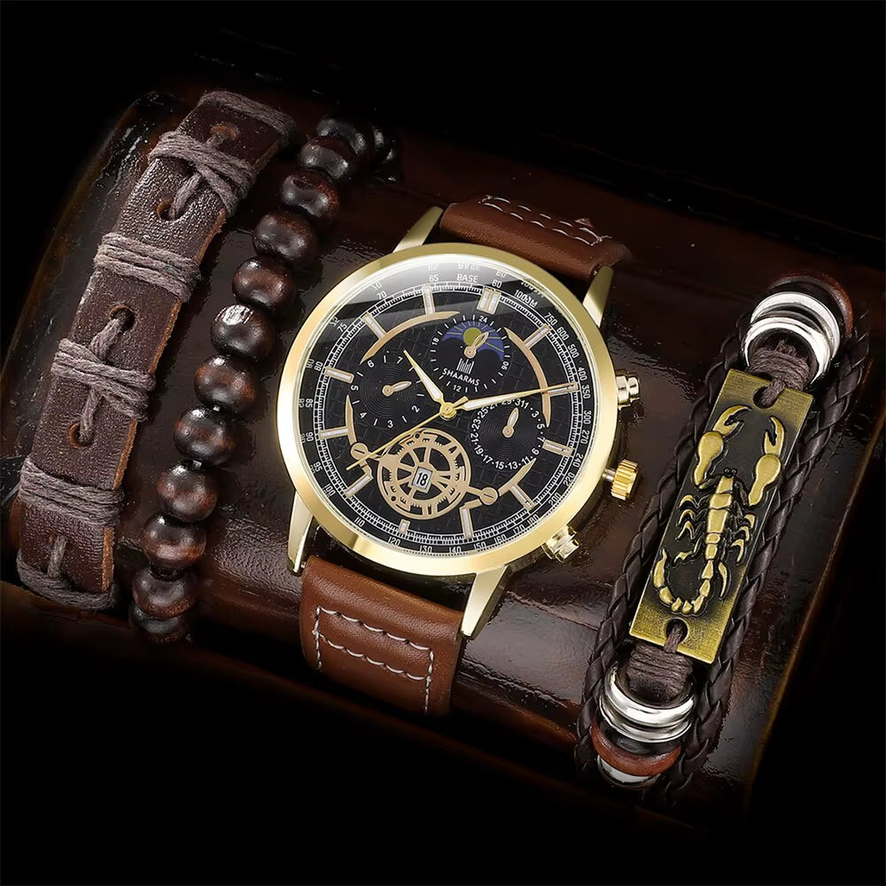 4PCS Set Men Watch Luxury Bracelet Set Fashion Business Brown Leather Quartz Wrist Watches for Men Gift Set Relogio Masculino