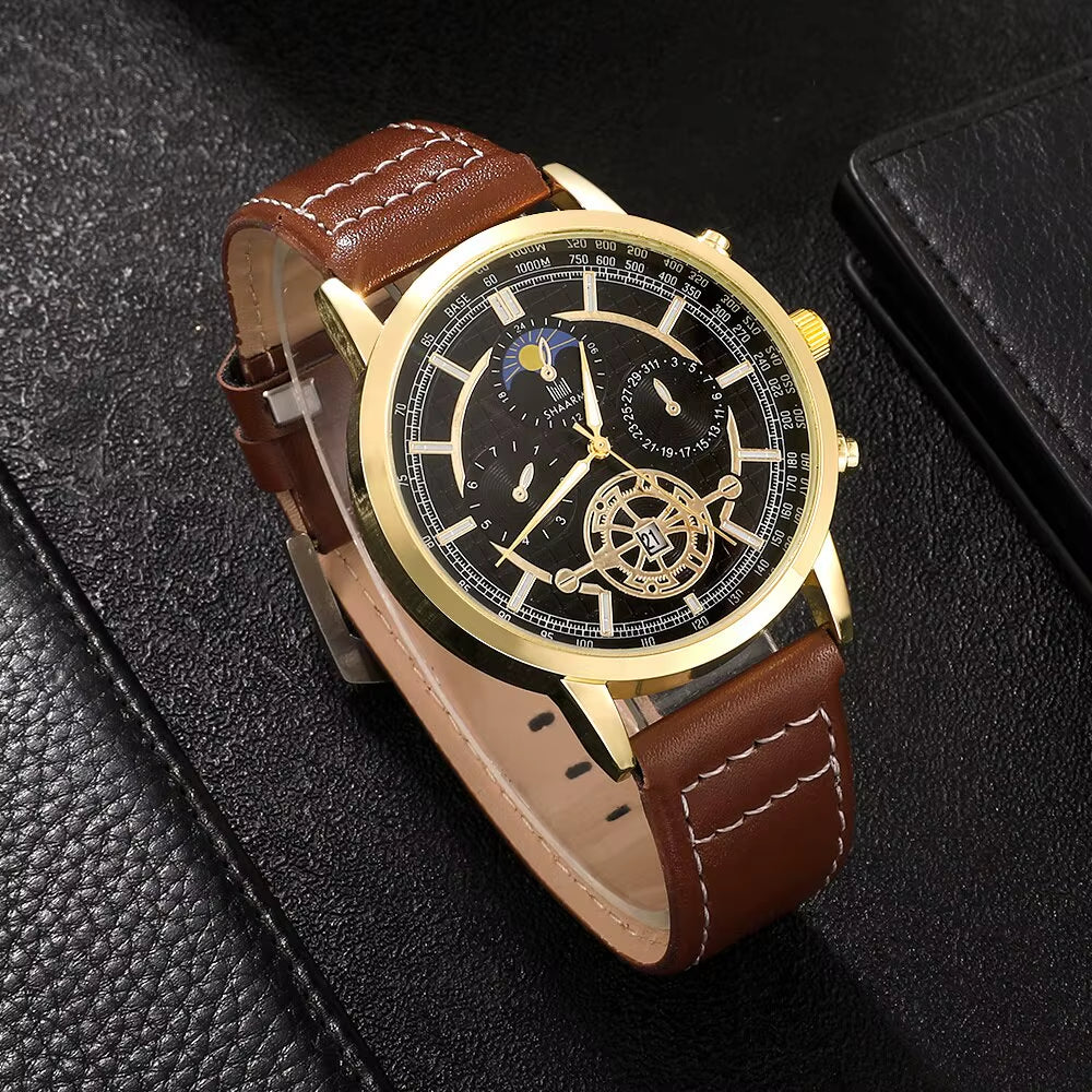 4PCS Set Men Watch Luxury Bracelet Set Fashion Business Brown Leather Quartz Wrist Watches for Men Gift Set Relogio Masculino